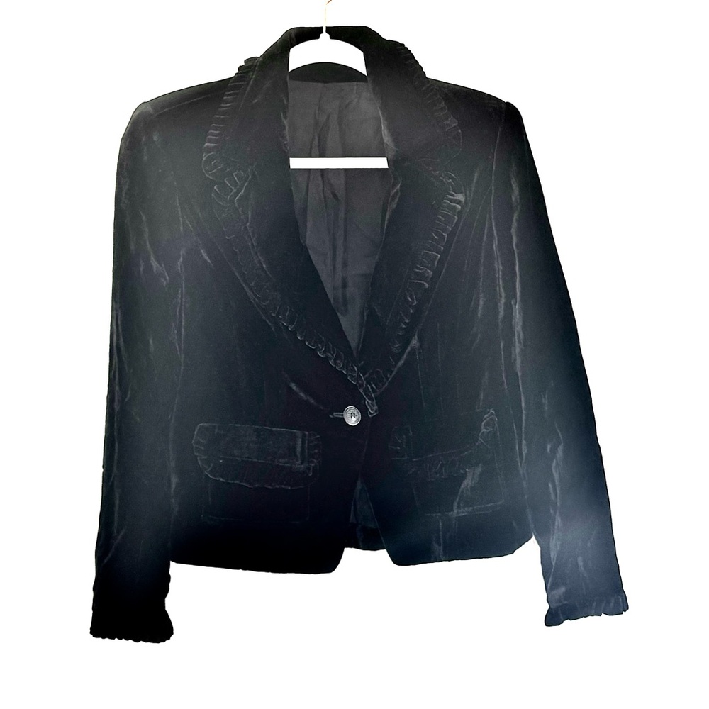 Black Velvet Victorian Blazer Ruffle Detail Trim Goth Size S Small - Picture 2 of 10